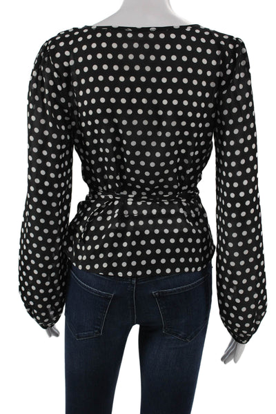 About Us Women Basic Black V-Neck Polka Dot Long Sleeve Blouse Size M