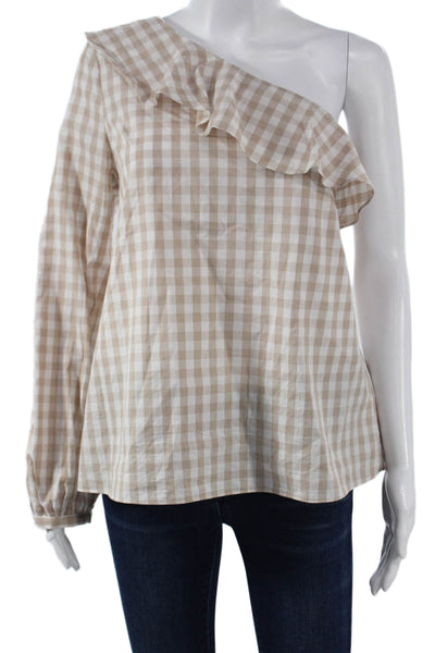 L'Academie Women Beige One Shoulder Long Sleeve Cotton Checked Blouse Size M
