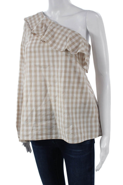 L'Academie Women Beige One Shoulder Long Sleeve Cotton Checked Blouse Size M