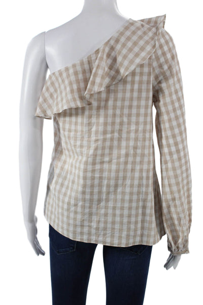 L'Academie Women Beige One Shoulder Long Sleeve Cotton Checked Blouse Size M