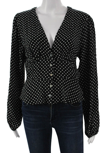 Free People Women Black Polka Dot V Neck Viscose Blouse Long Sleeve Size S
