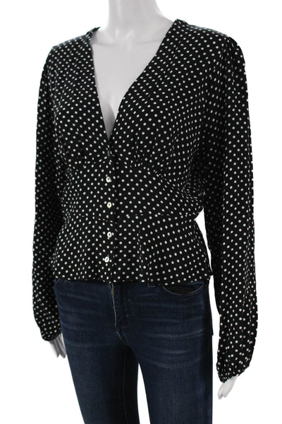 Free People Women Black Polka Dot V Neck Viscose Blouse Long Sleeve Size S