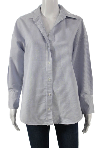 Zara Women Striped Collared Cotton Button-Up Tunic Long Sleeve Blue Size XS
