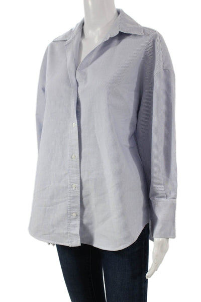 Zara Women Striped Collared Cotton Button-Up Tunic Long Sleeve Blue Size XS
