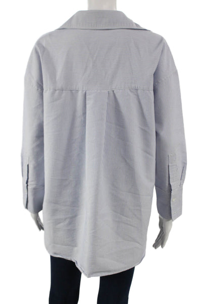 Zara Women Striped Collared Cotton Button-Up Tunic Long Sleeve Blue Size XS