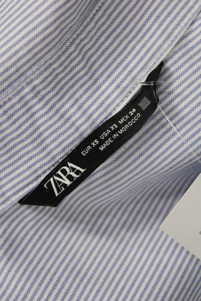 Zara Women Striped Collared Cotton Button-Up Tunic Long Sleeve Blue Size XS