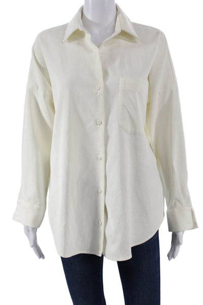 Zara Women Basic Collared Ivory Button-Up Top Long Sleeve Size S