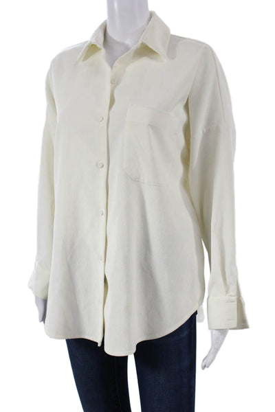 Zara Women Basic Collared Ivory Button-Up Top Long Sleeve Size S