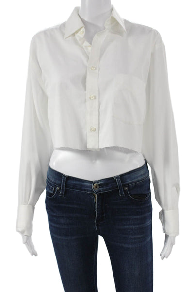 Riley Women White Cropped Button-Up Collared Long Sleeve Cotton Top Size One