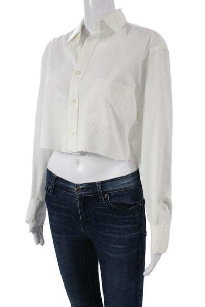 Riley Women White Cropped Button-Up Collared Long Sleeve Cotton Top Size One
