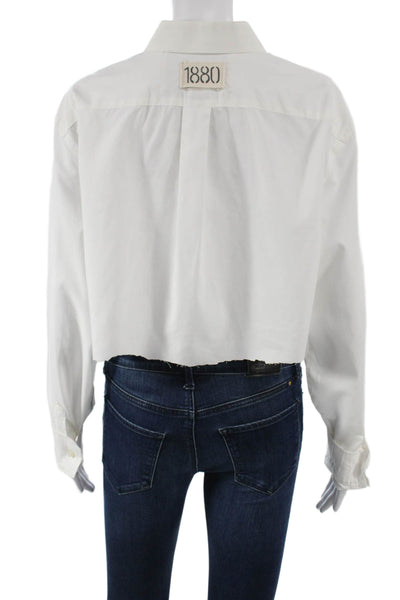 Riley Women White Cropped Button-Up Collared Long Sleeve Cotton Top Size One