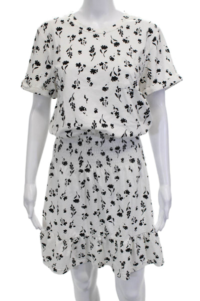 Parker Women White Cotton T-Shirt Dress Floral Short Sleeve Size M