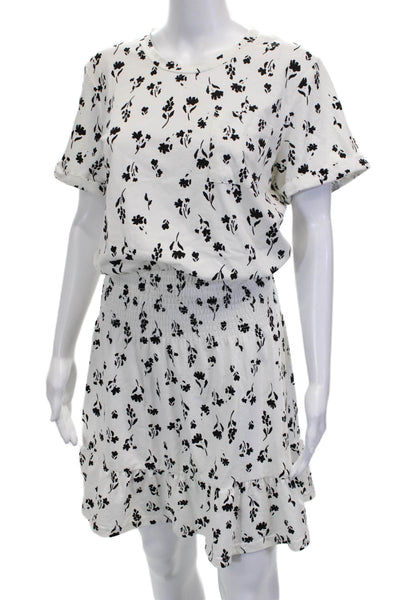 Parker Women White Cotton T-Shirt Dress Floral Short Sleeve Size M