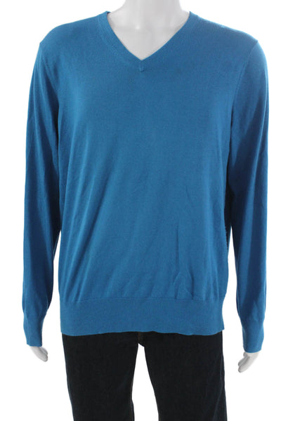 Banana Republic Mens Silk V-Neck Pullover Sweater Blue Long Sleeve Size XL
