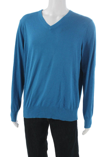 Banana Republic Mens Silk V-Neck Pullover Sweater Blue Long Sleeve Size XL