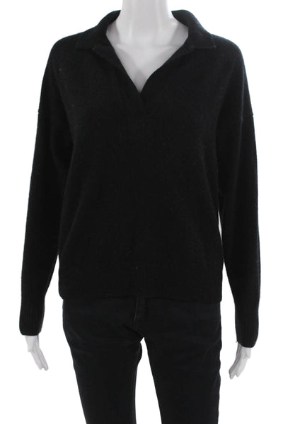 Quince Women Pullover Cashmere Sweater Black Collared Long Sleeve Size L