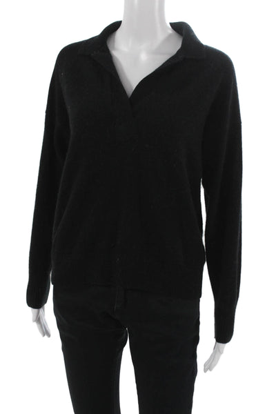 Quince Women Pullover Cashmere Sweater Black Collared Long Sleeve Size L