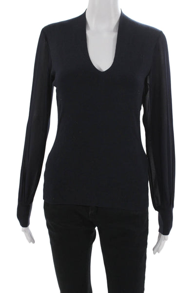 Ted Baker London Women Basic Blue V-Neck Long Sleeve Polyester T-Shirt Size 2