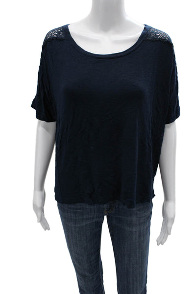 Eberjey Womens Crochet Detail Short Sleeves Pajama Shirt Navy Blue Size Small