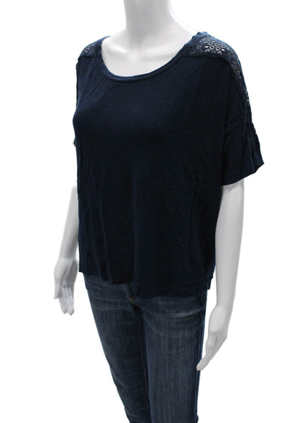 Eberjey Womens Crochet Detail Short Sleeves Pajama Shirt Navy Blue Size Small
