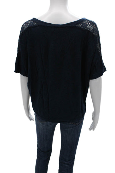 Eberjey Womens Crochet Detail Short Sleeves Pajama Shirt Navy Blue Size Small