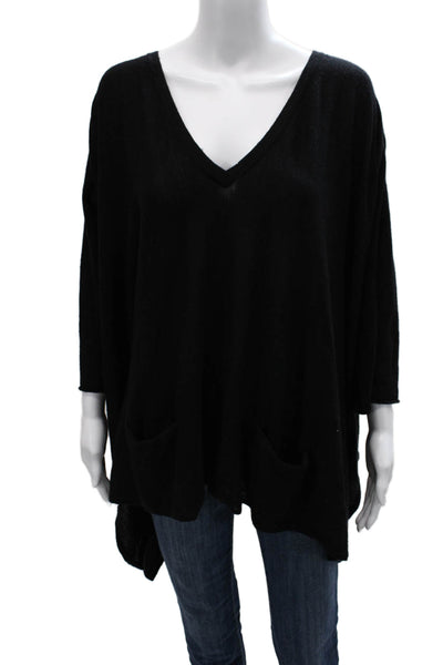 Autumn Cashmere Women Black Cashmere V-Neck Tunic Sweater 3/4 Sleeve Size S