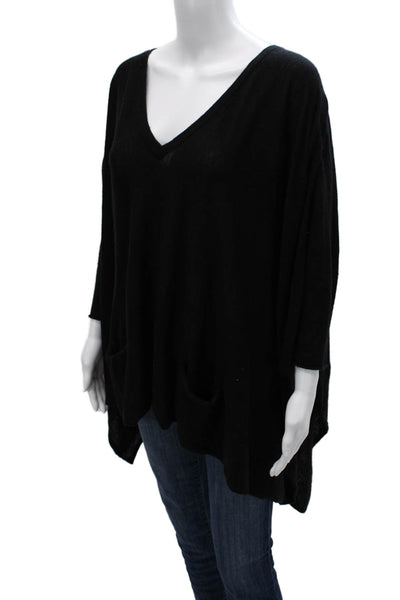 Autumn Cashmere Women Black Cashmere V-Neck Tunic Sweater 3/4 Sleeve Size S