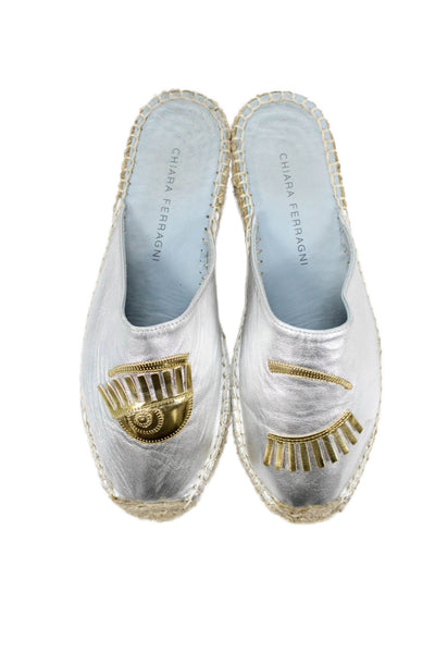 CHIARA FERRAGNI Womens Metallic Espadrille Slide Mules Silver Size 9