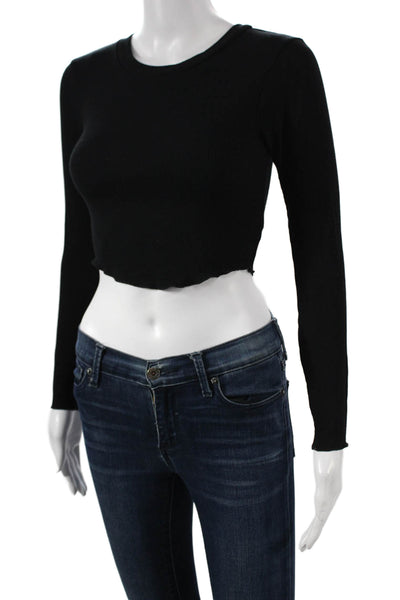 LNA Womens Cropped Rayon Long Sleeve Round Neck Black T-Shirt Size XS