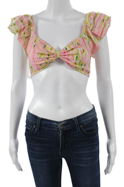 La Fuori Womens Cropped Blouse Pink Striped Sweetheart Lace-Up Size S