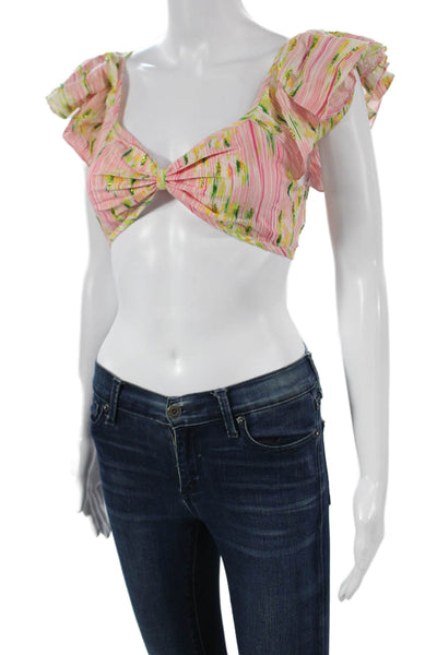 La Fuori Womens Cropped Blouse Pink Striped Sweetheart Lace-Up Size S