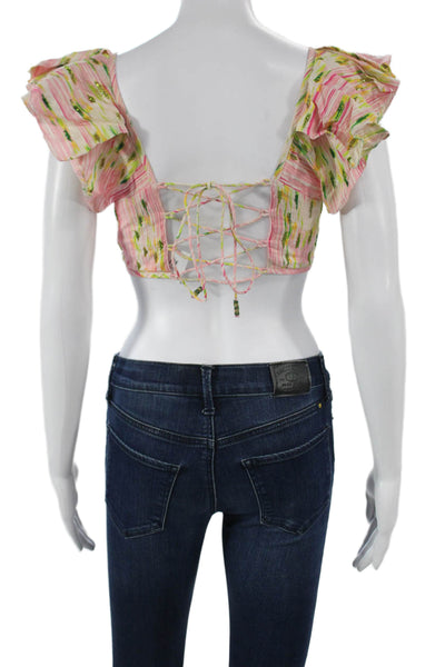 La Fuori Womens Cropped Blouse Pink Striped Sweetheart Lace-Up Size S