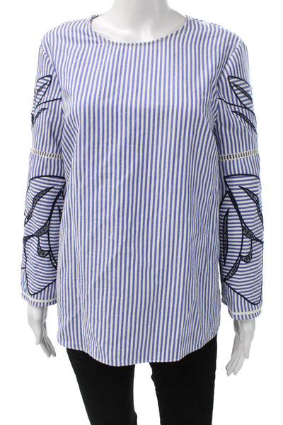 Tanya Taylor Women Tunic Striped Blue 3/4 Sleeve Round Neck 50% Cotton Size 6