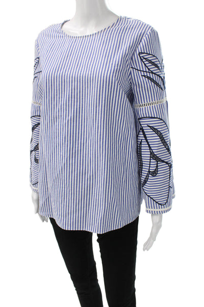 Tanya Taylor Women Tunic Striped Blue 3/4 Sleeve Round Neck 50% Cotton Size 6