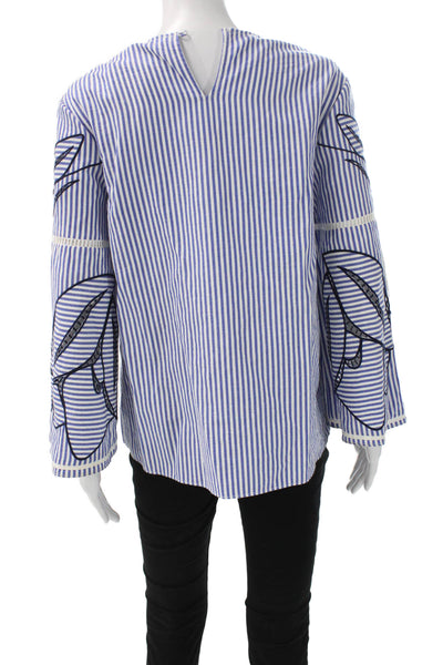 Tanya Taylor Women Tunic Striped Blue 3/4 Sleeve Round Neck 50% Cotton Size 6