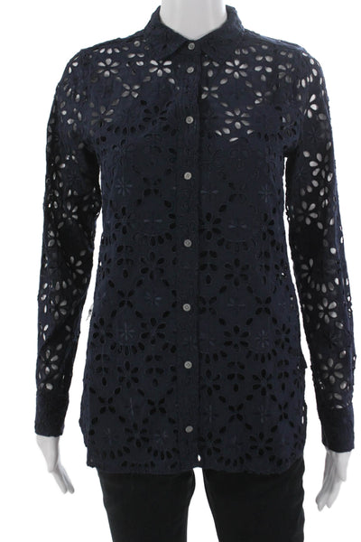 J Crew Womens Collared Floral Button Up Blouse Blue Long Sleeve Size 2