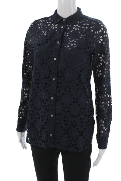 J Crew Womens Collared Floral Button Up Blouse Blue Long Sleeve Size 2
