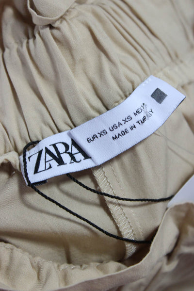 Zara Womens Paperbag Pants Beige Cotton Button Closure Size XS