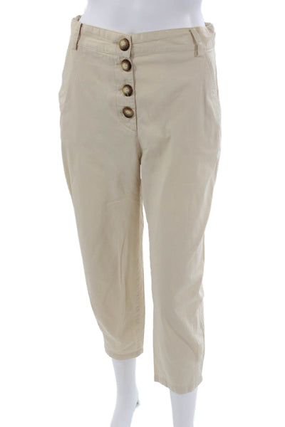 Zara Womens Cropped Beige Cotton Pants Button Closure Size XS