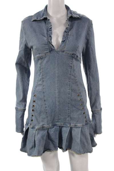 I Am Gia Women Mini Collared Long Sleeve Cotton Zip Dress Blue Size S