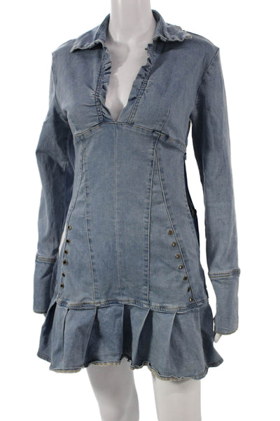 I Am Gia Women Mini Collared Long Sleeve Cotton Zip Dress Blue Size S