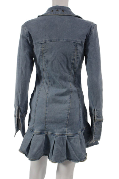 I Am Gia Women Mini Collared Long Sleeve Cotton Zip Dress Blue Size S