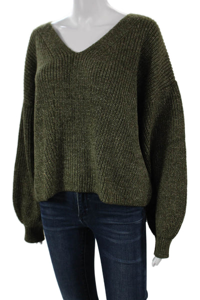 Something Navy Womens Green V-Neck Cotton Pullover Sweater Long Sleeve Size M