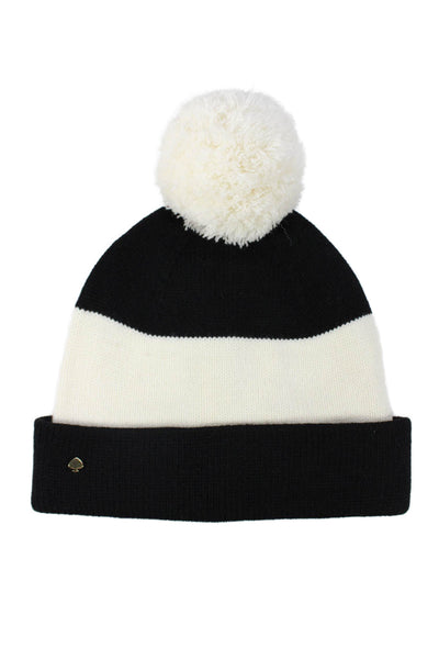 Kate Spade Women's Pom-Pom Knit Beanie Hat Black/White Striped One Size