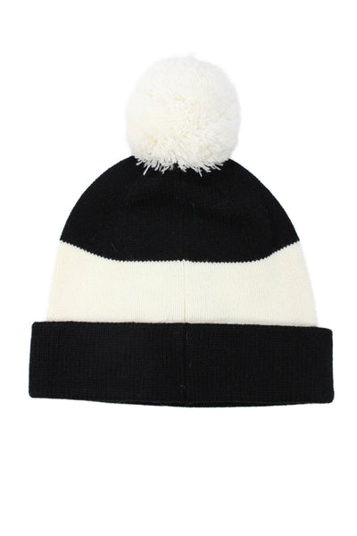 Kate Spade Women's Pom-Pom Knit Beanie Hat Black/White Striped One Size