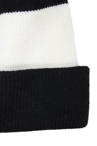 Kate Spade Women's Pom-Pom Knit Beanie Hat Black/White Striped One Size