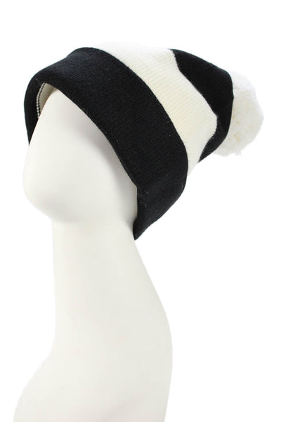 Kate Spade Women's Pom-Pom Knit Beanie Hat Black/White Striped One Size