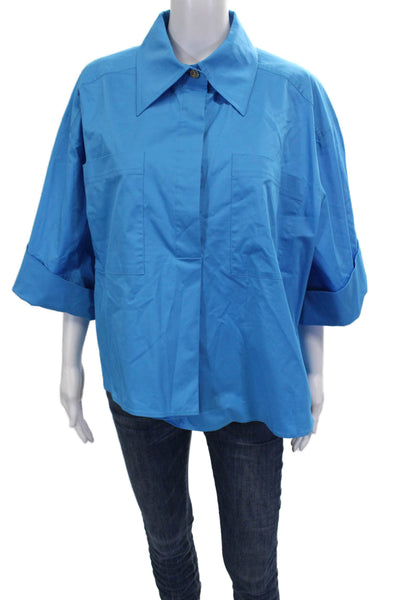 Edward Achour Womens Blue Collared 3/4 Sleeve Basic Blouse Size S