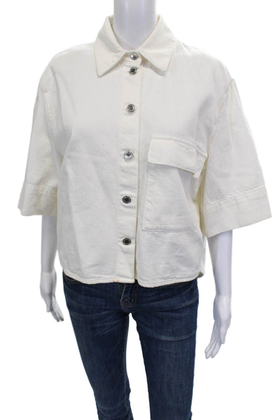 Zara Women Cropped Cotton Collared 3/4 Sleeve White Blouse Size M
