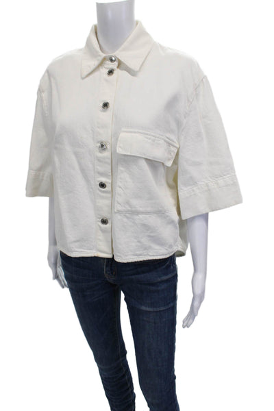 Zara Women Cropped Cotton Collared 3/4 Sleeve White Blouse Size M